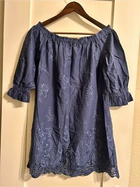 Madewell Navy Blue Strapless Embroidered Off-Shoulder Dress